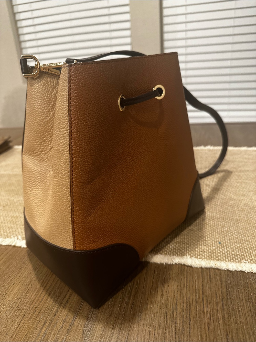 Michael Kors Brown and Tan Pebbled Leather Drawstring Shoulder Bag - Picture 11 of 16